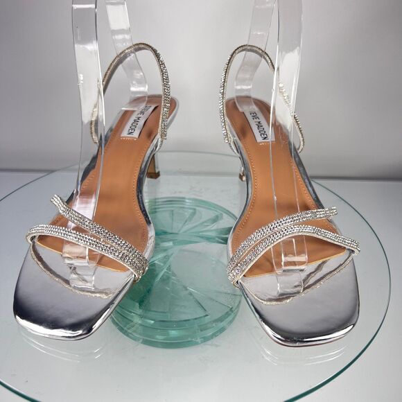 Steve Madden Loft Heel Sandals Silver Faux Rhinestone Ankle Strap - Picture 3 of 8